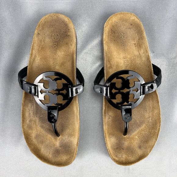 Tory Burch Miller Cloud Patent Sandals Women’s 8.5 Black Cork Thong School Shoes - Picture 9 of 14